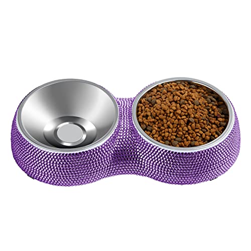 eing Ciotole per cani doppie ciotole per acqua e cibo in acciaio inox con stazione in resina antiscivolo e strass luccicanti,viola