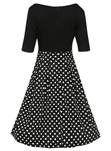 oxiuly Women's Vintage Black Dot Patchwork Pocket Puffy Swing Casual Dress OX165 (2XL, Black)