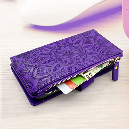 Harryshell Detachable Magnetic Zipper Wallet Leather Case With Cash Coin Pocket 12 Card Slots Holder Wrist Strap Lanyard For Samsung Galaxy S23 Ultra 5G (2023) (Flower Purple) #TOP4