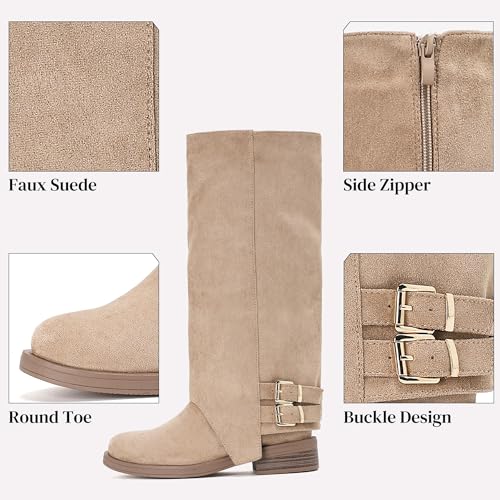 Putu Women's Fold Over Boots Flat Knee High Boots Faux Suede2