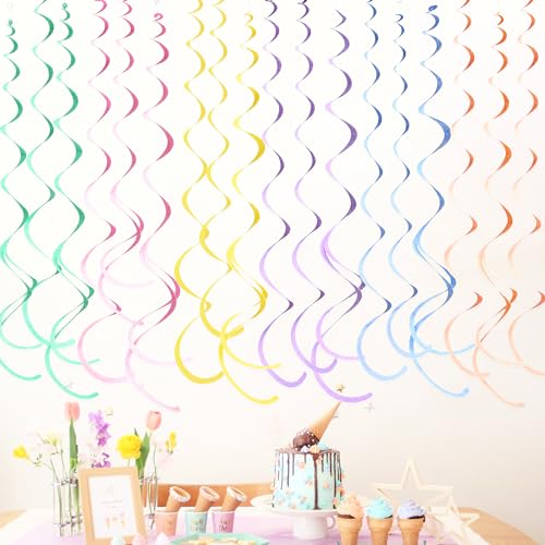 Image of 36 Pcs Pastel Hanging Swirl Decorations Pastel Color Felt Swirl Streamer Spiral Ceiling Decorations Garland for Macaron Colorful Birthday Wedding Shower Easter Party Supplies