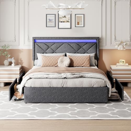 Quiaviank Cama tapizada de 160 x 200 cm con 4 cajones de almacenamiento, marco de cama doble con iluminación LED y puerto de carga USB, estructura de cama con cabecero y somier de madera, sin colchón
