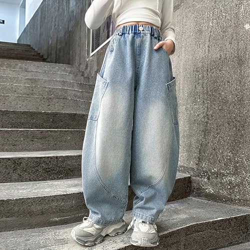 Girls Wide Leg Baggy Jeans Hip Hop High Elastic Waist Denim Pants Teen Streetwear Distressed Washed Loose Trousers4