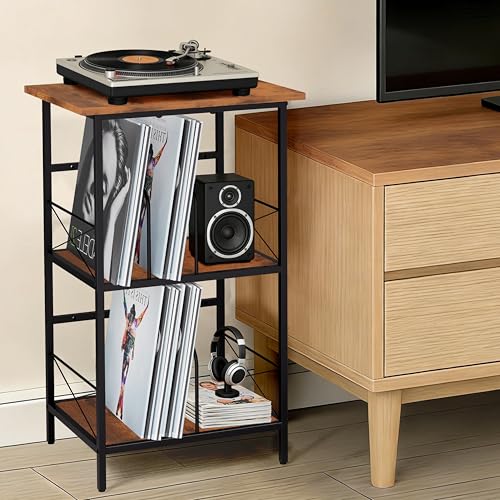 FiloxeniaOasis Record Player Stand with 4 Adjustable Dividers, Vinyl Record Storage Holds 200 LPs...