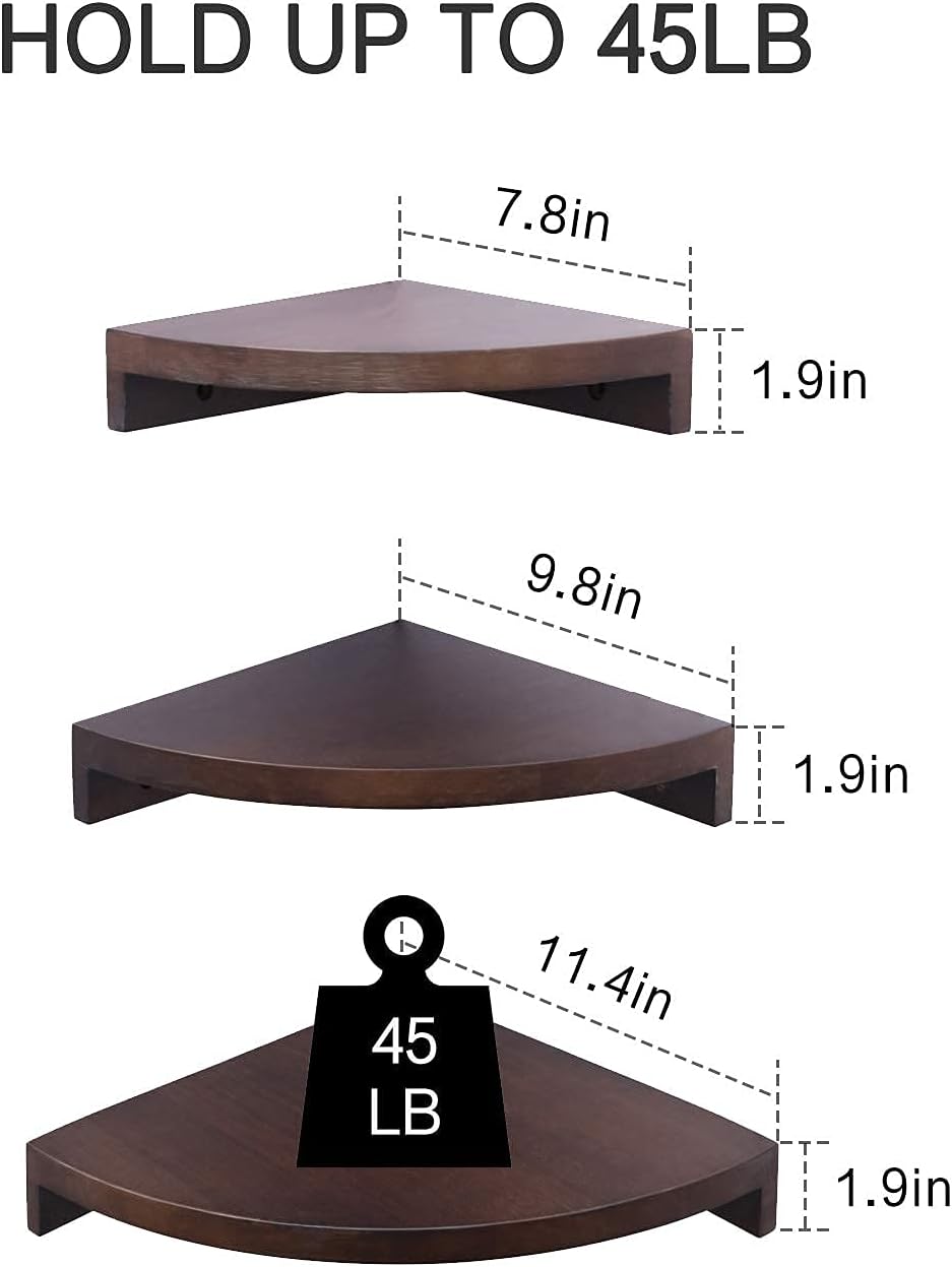 OROPY 3 Tier Radial Corner Shelves for Wall, Solid Wood Floating Corner Storage Shelves - Ideal for Display of Books, Small Plant, Photos, Wall Décor (One Set of 3)