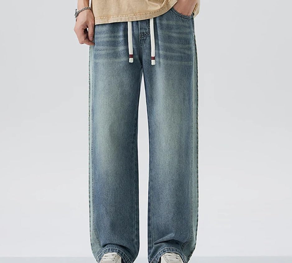 Men’S Vintage Baggy Jeans Mid Waist Straight Leg Denim Pants Streetwear Style Zipper Fly Distressed Wash Jeans3