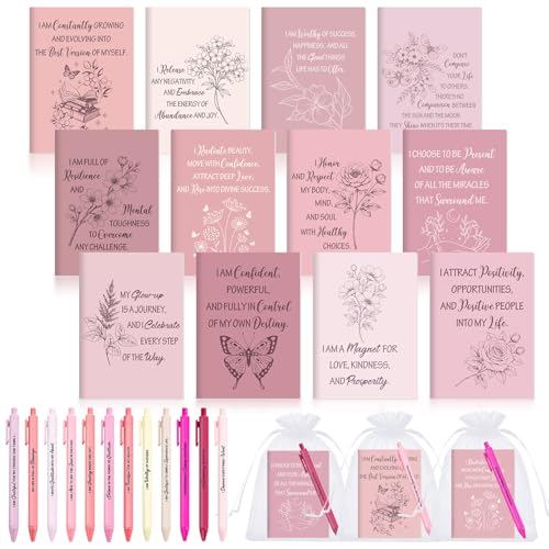 Image of Mooliwe 24 Pcs Positive Affirmation Gift Set Gratitude Notebooks with Pens Small Bags Motivational Encouragement Notepads Daily Affirmations Journal for Women Stress Relief Self Care (Pink)