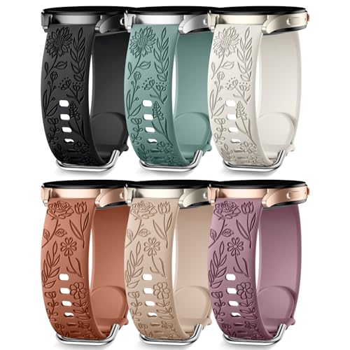 SNBLK 6 Pack Floral Engraved Bands Compatible with Samsung Galaxy Watch 7 Band 6 5 4 Active 2 FE 40mm 44mm/Watch 6/4 Classic/5 Pro/3, 20mm Cute Flower Silicone Sport Strap for Samsung Watch