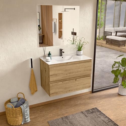 BELLOBATH - Mueble Baño Suspendido con Lavabo de Cerámica y Espejo, Mueble Baño con Lavabo Montado con 2 Cajones, 60 x 55 x 46 cm, Mueble Roble