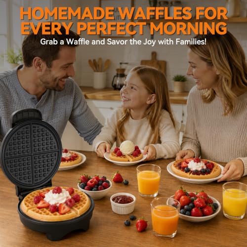 Image of Baker's Friend 7-Inch Classic Waffle Maker, Ceramic, Browning Control, 900W | A thin waffle iron with fine-grid plates for one 7-inch waffle, indicator lights, upright storage, and cleaning brush.
