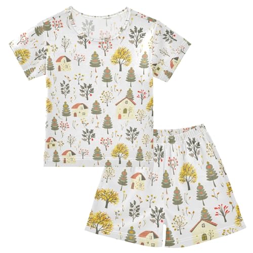 ALAZA Cartoon House Tree Pajamas Set Short Sleeve Cotton Sleepwear Summer Pjs 2 Piece 5-14Y