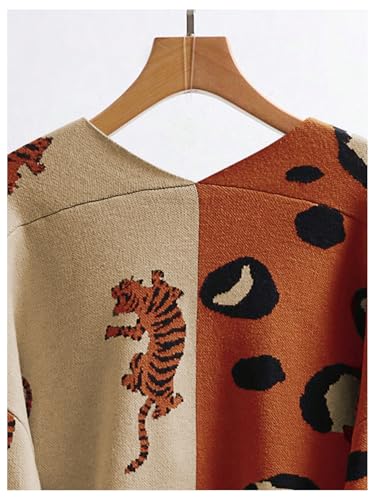 Image of WDIRARA Women's Leopard Tiger Print Cardigan V Neck Long Sleeve Color Block Button Down Sweater Outwear