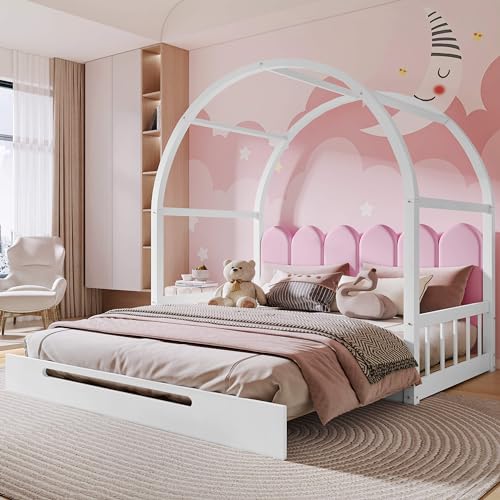MQGPM Cama infantil de 200 x 140 cm con protección anticaída y somier, estilo Montessori con decoración de tejado para niñas y niños, cama versátil para aprender jugando