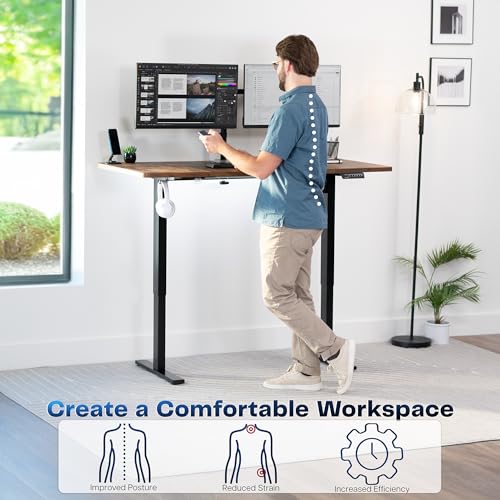 Image of VIVO Rustic Vintage Brown 60 x 30 in Standing Desk, DESK-KIT-1B6N-30 | Electric, Holds 220 lbs, Sit Stand, Height Adjustable, Extra Deep Table Top, Memory Presets, 1B Series, Black Frame