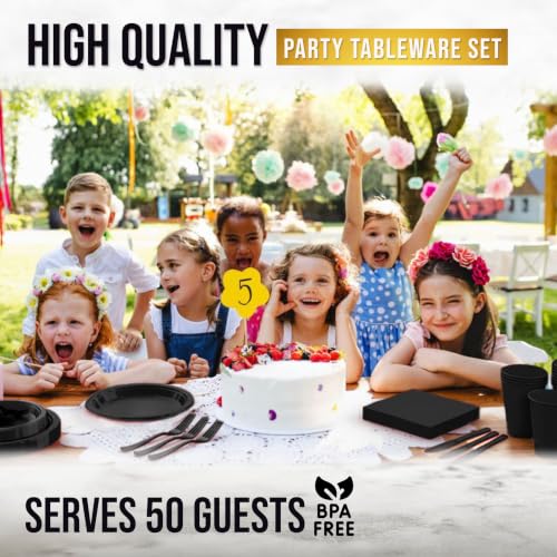 Image of Exquisite 350 Pcs Black Plates and Napkins Party Supplies Plate Sets | Sturdy Plastic Dinnerware Set With 9 inch & 7 inch Plates, 12 Oz Cups, Lunch Napkins and Cutlery Serves 50 for Birthdays & Everyday