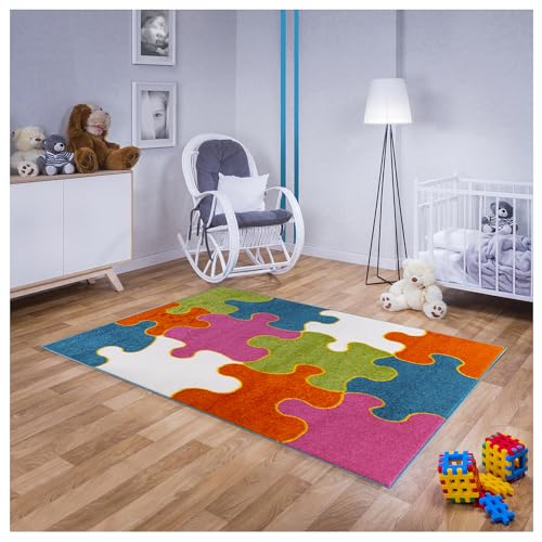 Teppich für Kinderzimmer in Blau, Grün, RosaKinderteppich 120 cm x 170 cm mit Puzzle Motiv,...