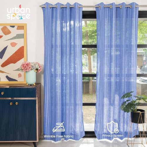 Image of Urban Space Aari Collection Weaved Sheer Curtains for Door 7 Feet Long, 40-50% Light Filtering Textured Curtains with Eyelets and Tieback, Set of 2 Decorative Curtains (Vertical Blue, 8 Feet)