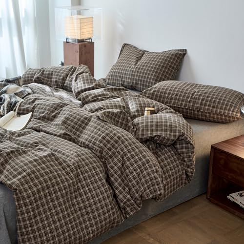 Image of EAVD Vintage Style Dark Grey Gingham Plaid Duvet Cover Full 100% Washed Cotton Like Linen Feel Soft 3-Piece Grid Plaid Bedding Set with 2 Pillowcases Reversible Geometric Duvet Cover with Zipper