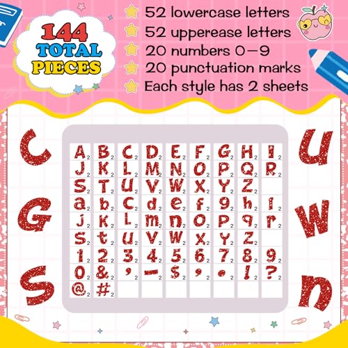 Image of Colarr 144 Pcs Glitter Bulletin Board Letters for Classroom Number Alphabet Punctuation Symbol Cutout 4'' Die-Cut Poster Letter with Adhesive Dot School Party Holiday Decor Display(Red)