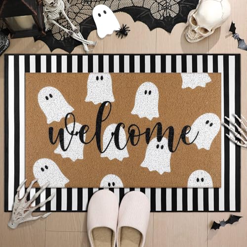 Tinideya 2 Pcs Halloween Welcome Door Mat Ghost Outdoor Welcome Mats...