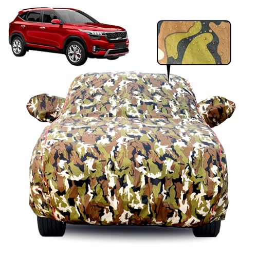 Image of Waterproof Car Body Cover for Kia Seltos with Mirror Pocket, Soft Cotton Lining, Triple Stitched, Full Bottom Elastic (Heat Resistant Jungle Print with Red Piping)