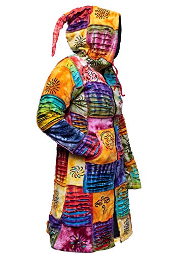 Women's Patchwork Knee-length Winter Jacket, Warm Colorful Tie-Dye Hippie Zip Up Long Coat2