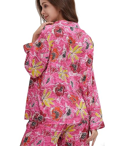 YiNi LuLu Conjunto de pijama feminino de cetim de seda com botões, 2 peças, manga comprida, roupa de