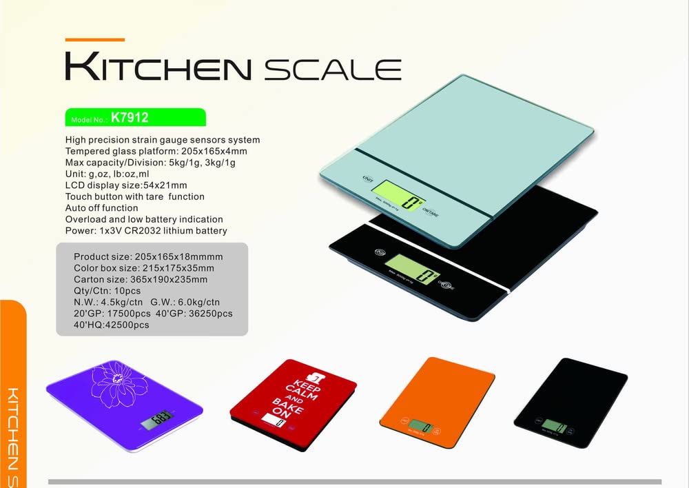K7912 Botón táctil Función tara 9/IL: Pantalla LCD Oz/oz/ml Sistema de sensor de extensométrico de alta precisión Plataforma de vidrio templado Escala electrónica de cocina 5kg