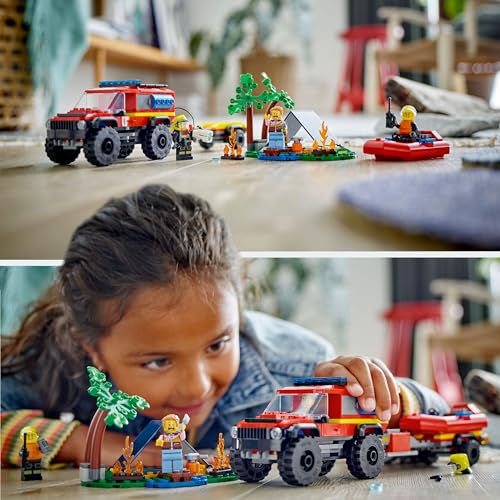 City Fuoristrada Antincendio e Gommone di Salvataggio, Camion dei Pompieri Giocattolo per Bambini e Bambine da 5 Anni, Rimorchio per Barca, 2 Minifigure Vigili del Fuoco e 1 Campeggiatore 60412 - Lego - Immagine 8