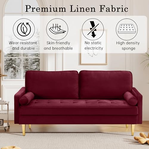 Image of 67 inch Modern Velvet Loveseat Sofa Couch, Mid-Century Tufted Upholstered Small Love Seat Couch with 2 Pillows & 4 Golden Legs, 2-Seats Couches for Compact Space, Living Room, Apartment (Burgundy)