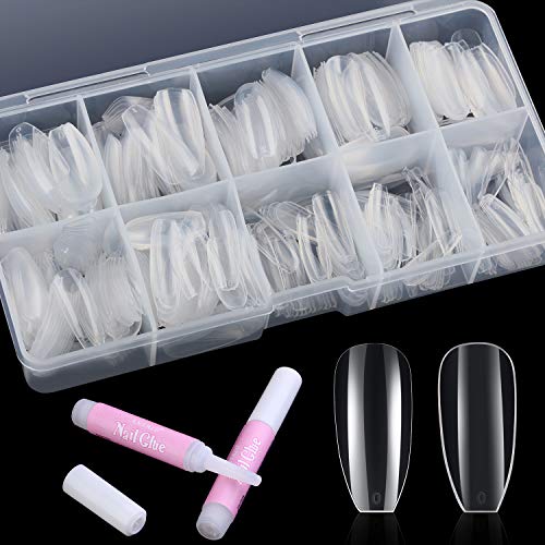 600pcs Ballerina Coffin Acrylic Nails Full Coverage Natural Color Artificial Nail Arts with Two Mini Nail Glue for Nail Salon Home DIY (Clear)