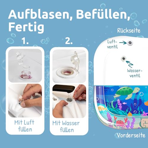 Mallie® Wassermatte Baby 66x50 CM [100% BPA & Schadstoff-Frei] ab 3, 6 und 9 Monate im Ozean Blau Design I Baby Spielzeug, Spielzeug Ab 6 Monate als Wassermatte Baby und Baby Spielzeug 6 Monate