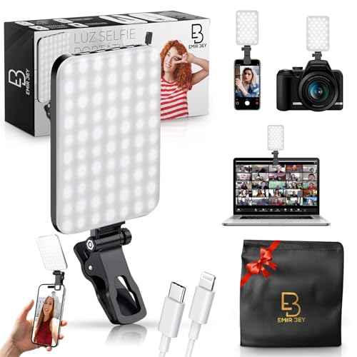Foco Luz LED para Móvil Portátil Recargable USB con Clip y Rosca 1/4” – Luz Regulable 2500-9000K para Selfies, Vídeos y Videollamadas + Funda de Regalo