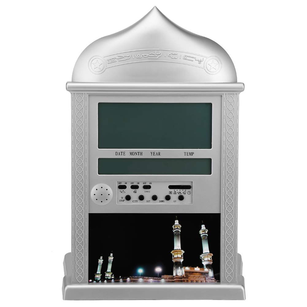 Estink Tisch-Gebetsuhr HA-4004 Silberner Islamischer Gebetswecker Muslimischer Athan-Zähler Digital Zwei Schlafmodi 7,6 x 21,1 x 3,0 cm (Ohne Batterie)