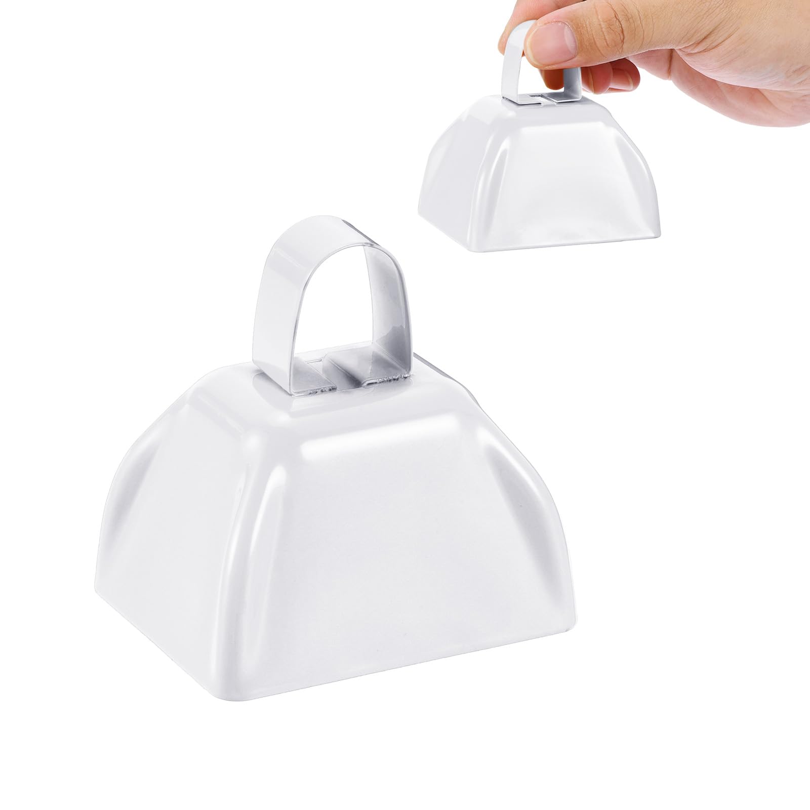 PATIKIL 2pcs Cow Bells for Football Games 3inch Cowbells for Sporting Events Bulk Loud Noise Makers Metal Cow Bell with Handle for Cheering Competition Marathon Wedding White