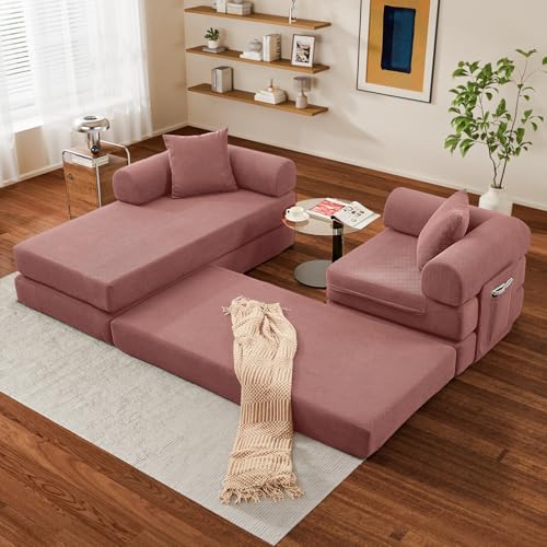 Image of 107 inch Modular Sectional Sofa Bed, L-Shape Corduroy Boneless Couch, Pink