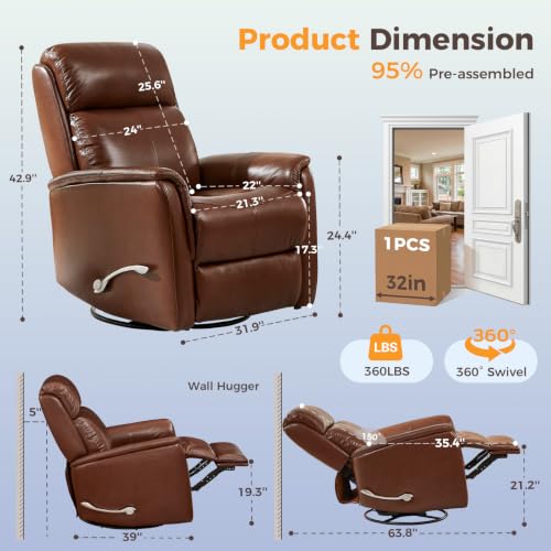Image of Swivel Recliner Chair, Manual Leather Home Theater Seat (Brown, Leather)