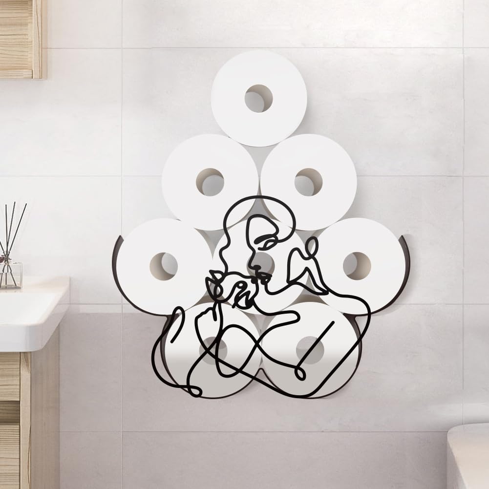 WADORN Cat Metal Toilet Paper Holder for Extra 8 Rolls, Women & Cat Black Toilet Tissue Storage Unique Gifts for Cat Lovers Women Novelty Wall Mounted Paper Rolls Organizer for Bathrooms Home Office