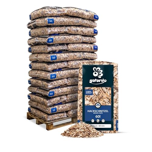 GALAMIO Holzhackschnitzel Hackschnitzel Mulch Natur Wald Kiefer Pinus Sylvestris Für Garten Hochbeet Dekor Holz Deko Häcksel Grob 5-60mm 60l x 39 Sack 2.340l / 1 Palette