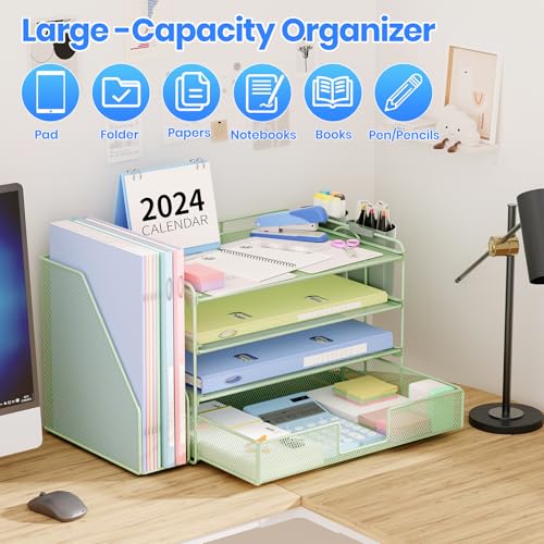 Image of OPNICE Desk Organizer, 4-Tier Desktop File Organizer with Drawer and Pen Holders, Office Desk Accessories, File Sorters, Workspace Organizers for Office Supplies(Green)