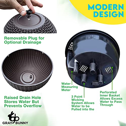 10” Self-Watering Hanging Planter Basket System With Water Reservoir, Fill Indicator And Chain Hook – Heavy-Duty Rattan Style Brown Resin For Home, Garden, Porch, Balcony Or Indoor Tabletop #TOP3