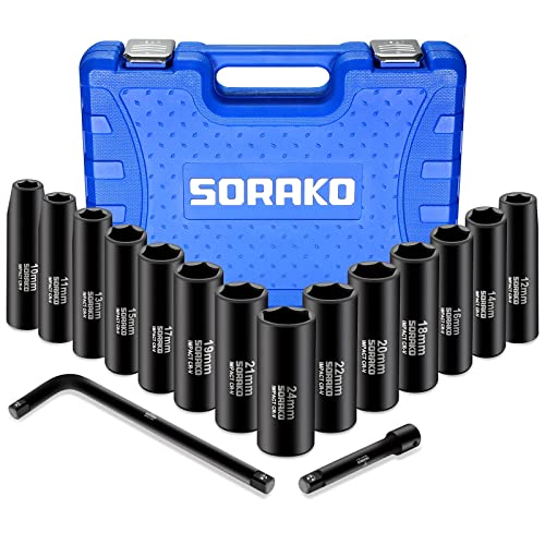 SORAKO Douilles à Choc 1/2', 16 Pièces Coffret Douille Longue à Chocs 6 Pans de 10-24 mm Métriques, 2 Pièces Tige d'extension pour Perceuse Visseuse, Douilles et Coffrets, avec Boîte de Rangement