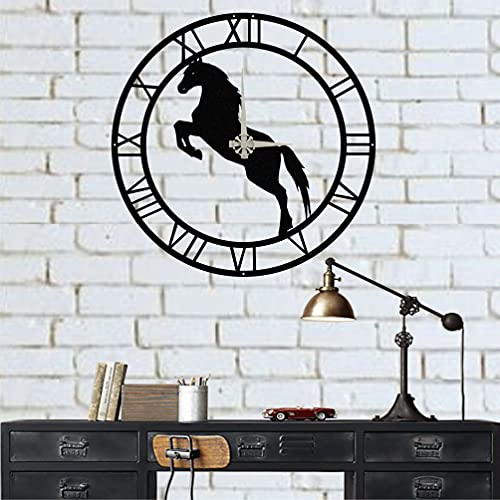 Décoration murale en métal, horloge de cheval, décoration d'intérieur, décoration d'intérieur, extérieur, horloge (70 x 70 cm)