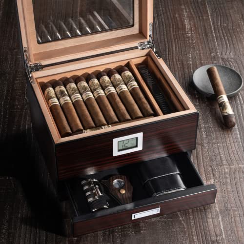 Mantello Cigars Humidor, Humidor Cigar Box with Drawer for Cigar Accessories - Humidor with Digital Hygrometer - Cigar Humidors - Holds 25-50 Cigars - Image 8