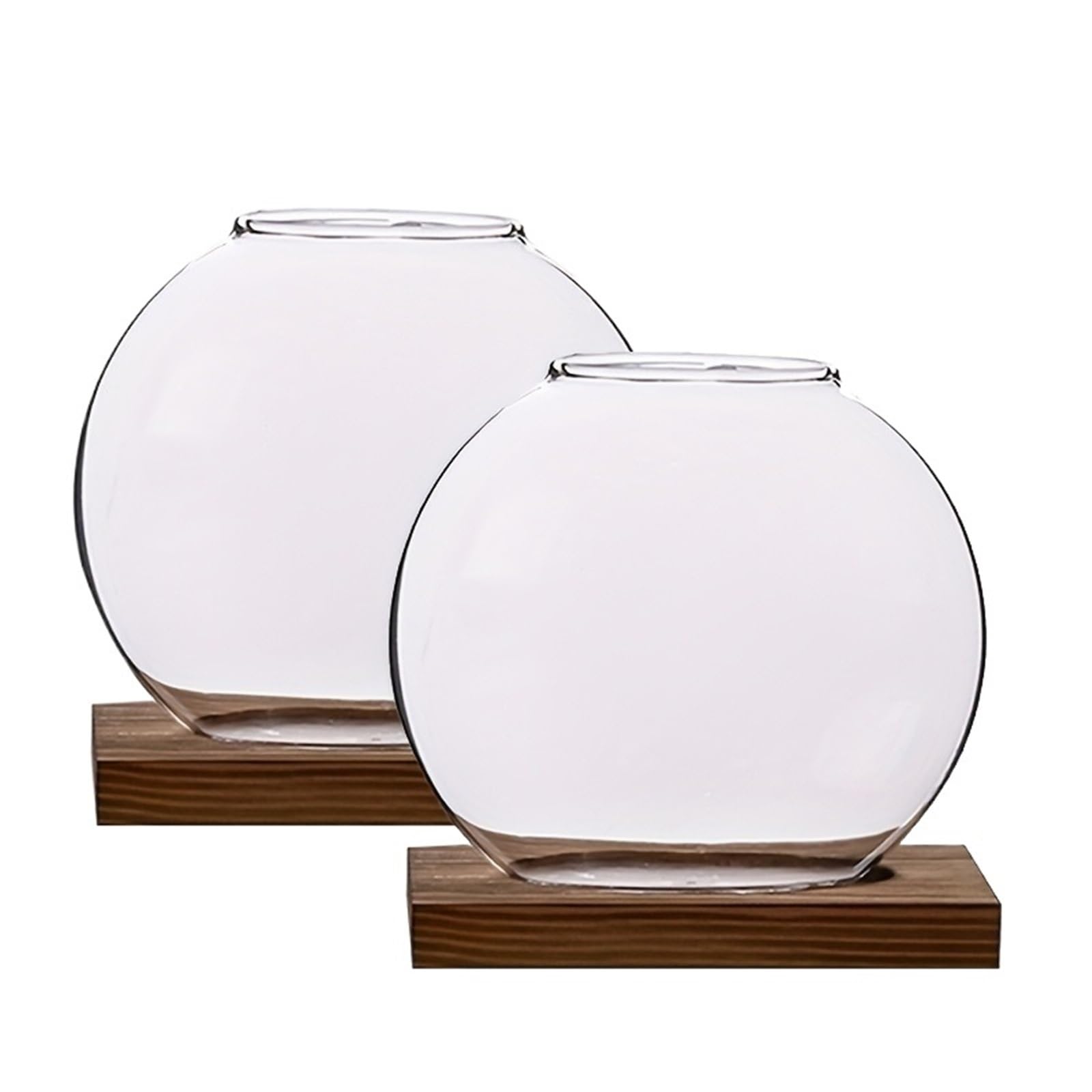 1/2PCS Indoor Hydroponic Planter With Wood Stand Round Glass Flowerpot For Succulents Herbs Home Office Desk Decor Vase(2PCS)