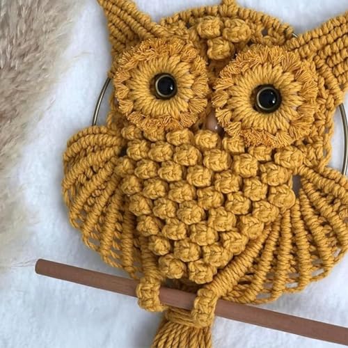 Image of tms Bohemian Owl Macrame Wall Hanging - 12 x 23 Inch - Handcrafted Boho Home Decor with Natural Elements - Boho Chic Accent for Home, Office, or Living Room (Mustard)