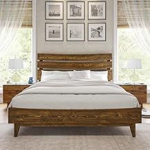 VanAcc Queen Size Solid Wood Bed Frame, Mid Century Platform Bed with Slatted Headboard, Wood Slat Support/No Box Spring Needed/Noise Free/Caramel