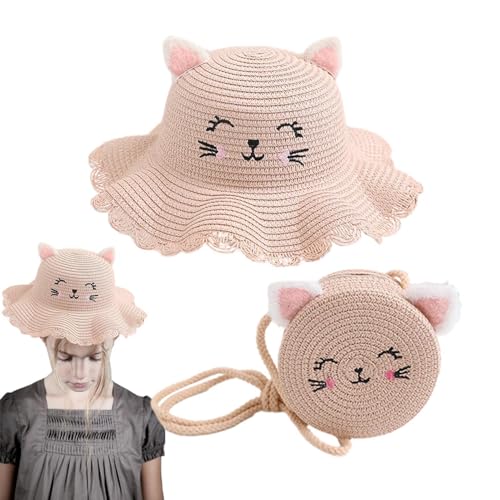 Sombrero de sol para niños con bolsa de paja de gato de dibujos animados
