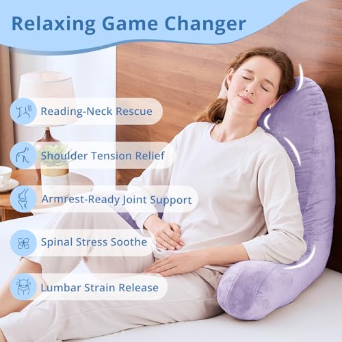 Image of Sasttie Reading Pillow for Bed, Back Pillow for Sitting Up, Lavender | 25 inch Backrest Support Cushion for Couch, Sofa, and Floor, Dorm Essentials, OEKO-TEX, Adjustable Down Alternative Fill