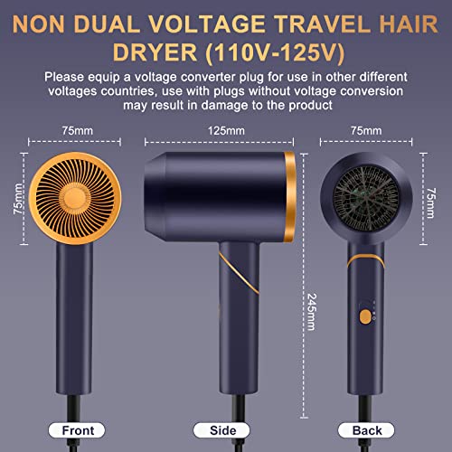 Pahetawa Hair Dryer With Case Bag, 1800W Foldable Travel Hair Dryer, Portable Compact Blow Dryer With Diffuser, Non-Dual Voltage, Powerful Fast Drying, Low Noise For Women, Men, Hotel (Dark Blue) #TOP4